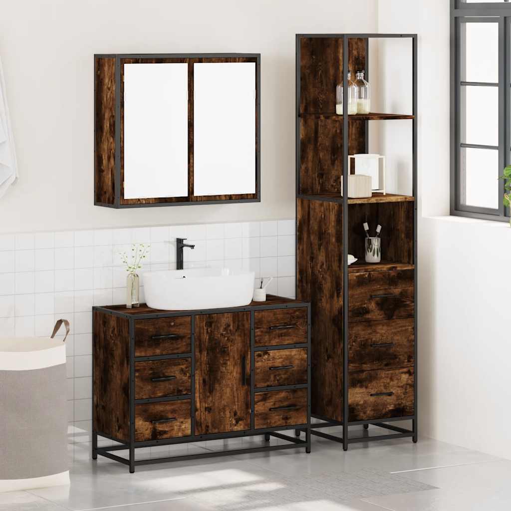 3 Piece Bathroom Furniture Set Smoked Oak Engineered Wood