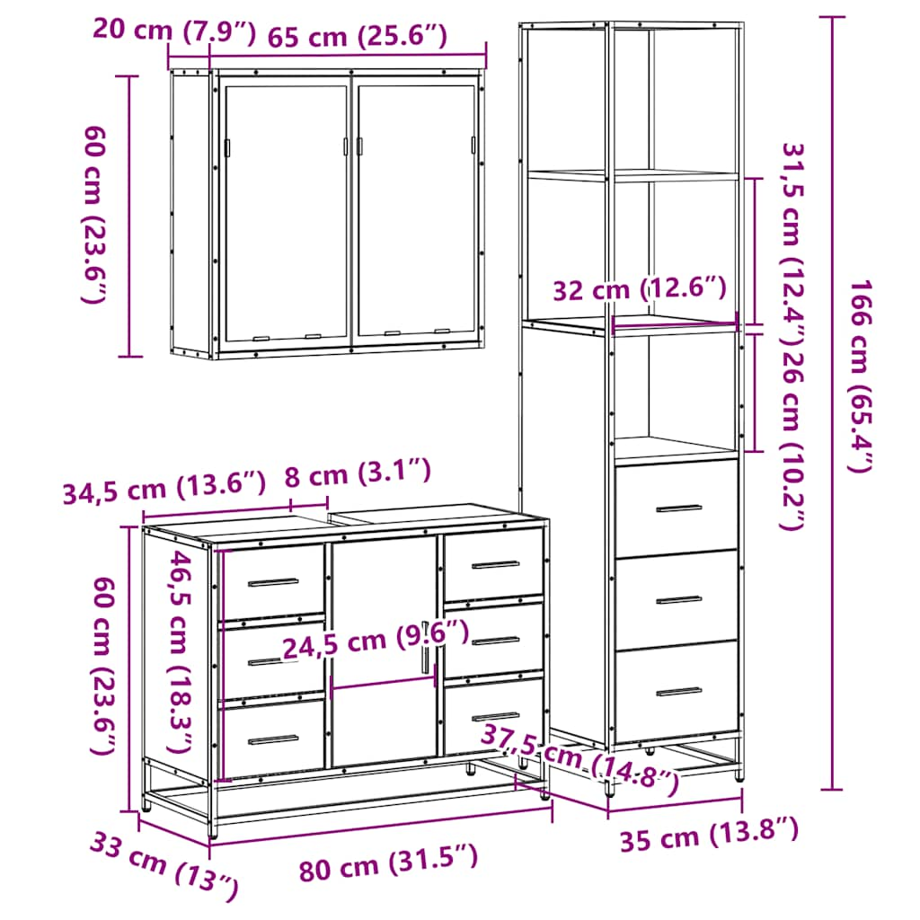 3 Piece Bathroom Furniture Set Smoked Oak Engineered Wood