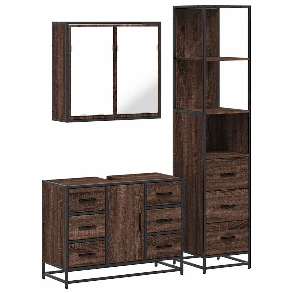 3 Piece Bathroom Furniture Set Brown Oak Engineered Wood