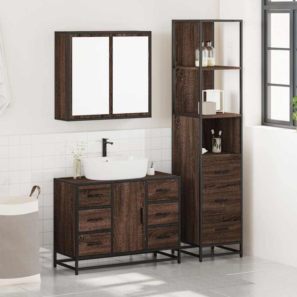 3 Piece Bathroom Furniture Set Brown Oak Engineered Wood