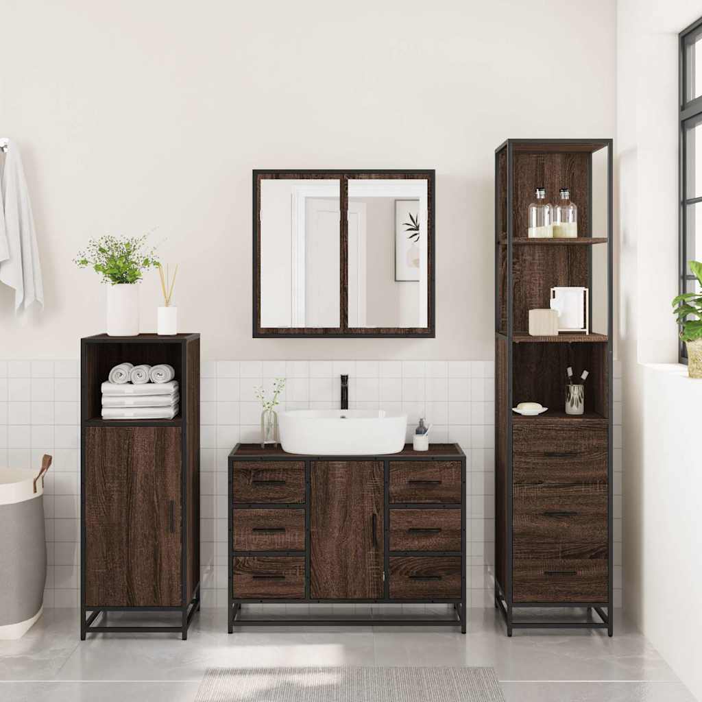 3 Piece Bathroom Furniture Set Brown Oak Engineered Wood