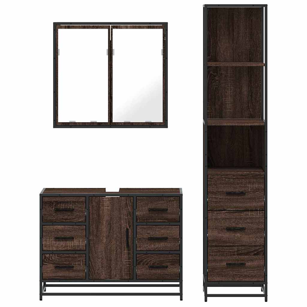 3 Piece Bathroom Furniture Set Brown Oak Engineered Wood