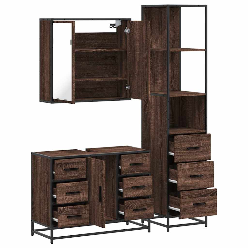 3 Piece Bathroom Furniture Set Brown Oak Engineered Wood