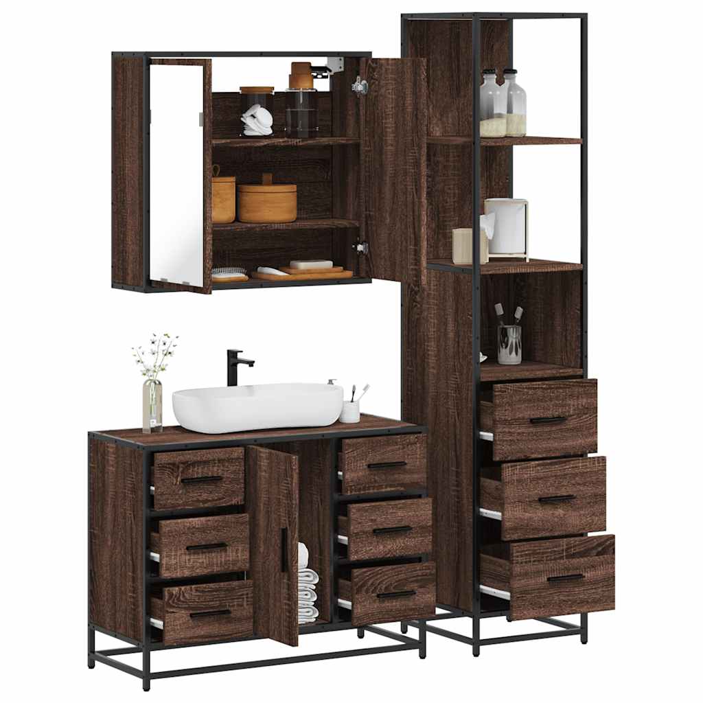 3 Piece Bathroom Furniture Set Brown Oak Engineered Wood