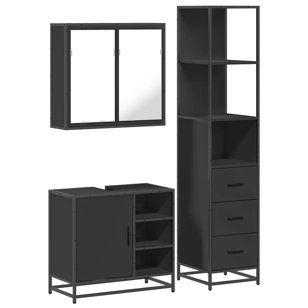 3 Piece Bathroom Furniture Set Black Engineered Wood