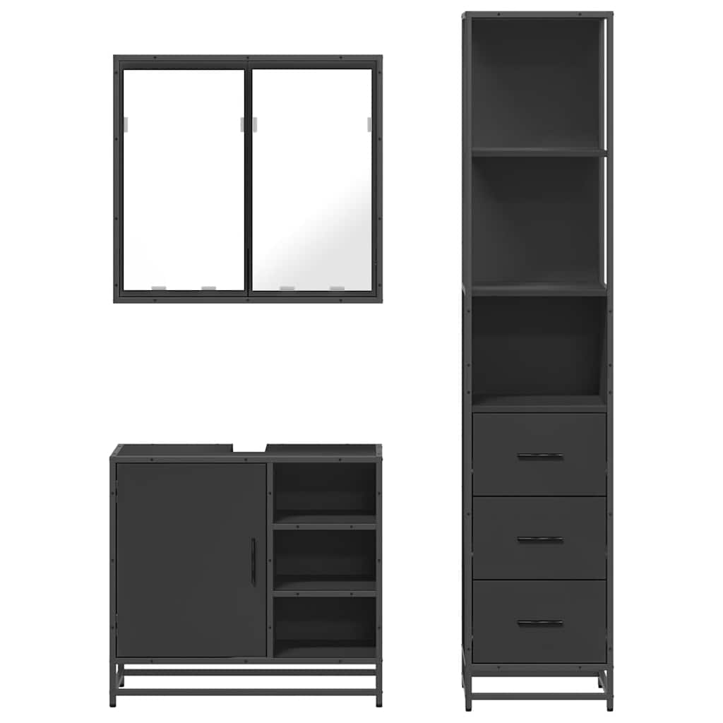 3 Piece Bathroom Furniture Set Black Engineered Wood