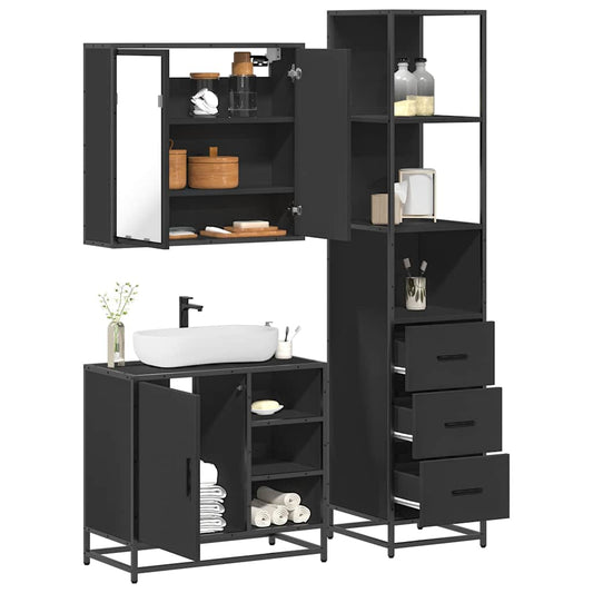 3 Piece Bathroom Furniture Set Black Engineered Wood