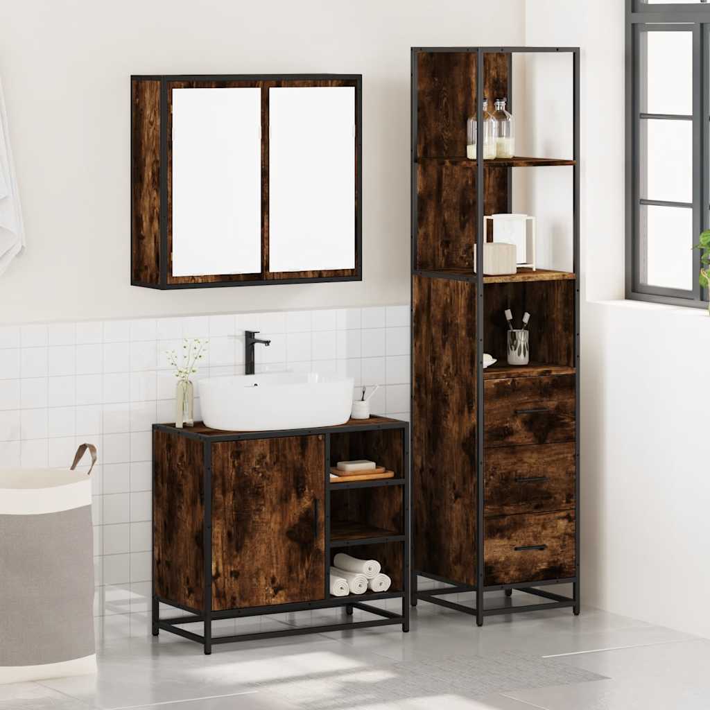 3 Piece Bathroom Furniture Set Smoked Oak Engineered Wood