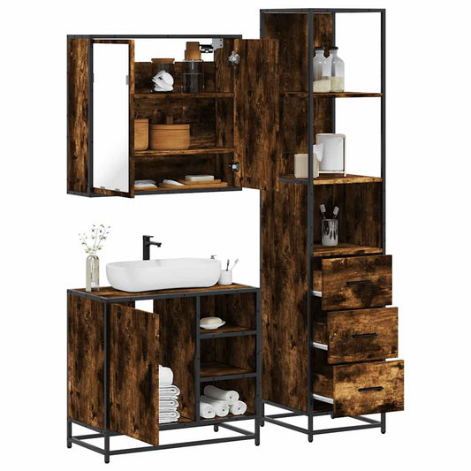 3 Piece Bathroom Furniture Set Smoked Oak Engineered Wood