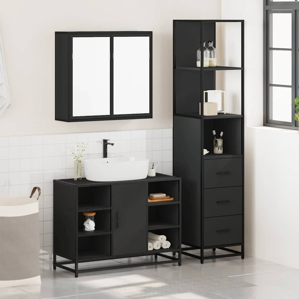 3 Piece Bathroom Furniture Set Black Engineered Wood