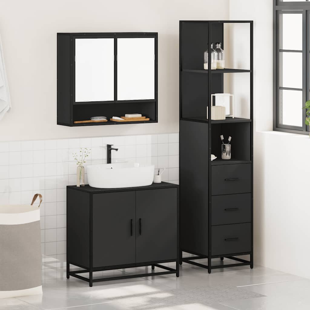 3 Piece Bathroom Furniture Set Black Engineered Wood