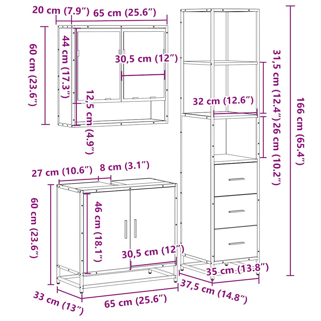 3 Piece Bathroom Furniture Set Black Engineered Wood