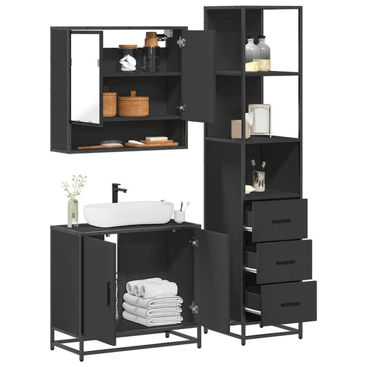 3 Piece Bathroom Furniture Set Black Engineered Wood