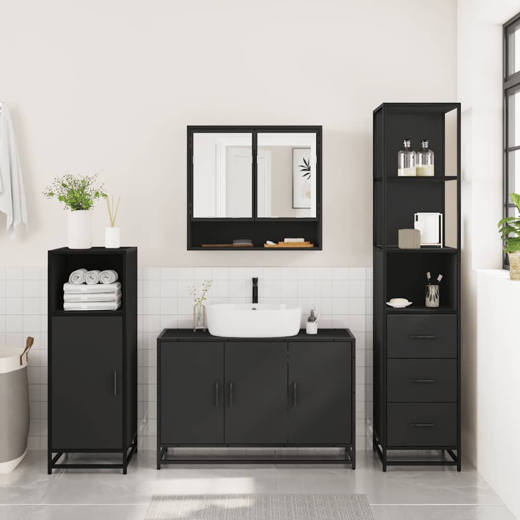 3 Piece Bathroom Furniture Set Black Engineered Wood