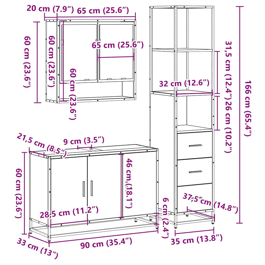 3 Piece Bathroom Furniture Set Black Engineered Wood