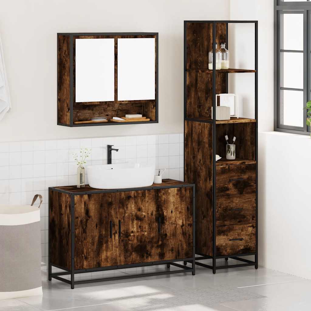 3 Piece Bathroom Furniture Set Smoked Oak Engineered Wood