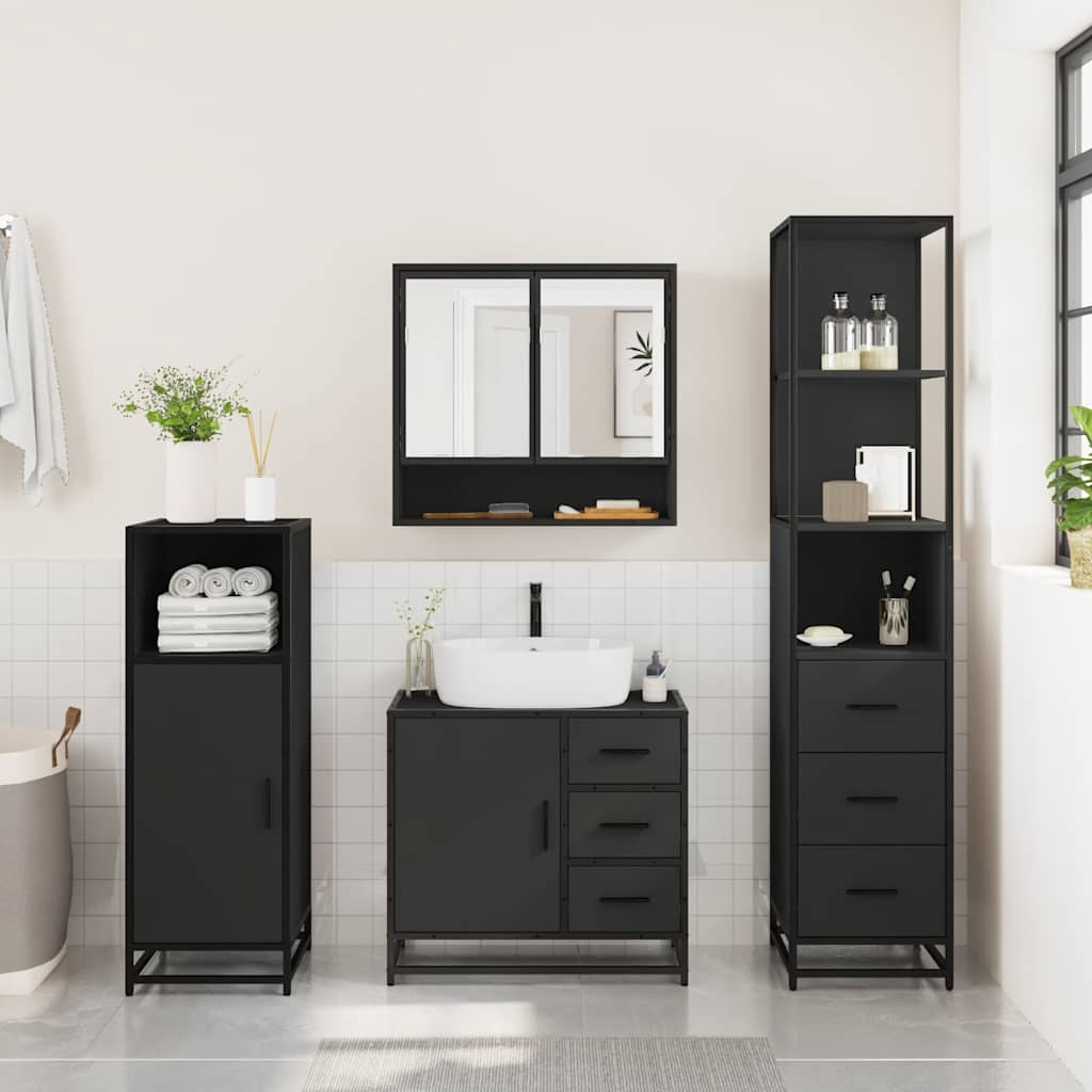 3 Piece Bathroom Furniture Set Black Engineered Wood