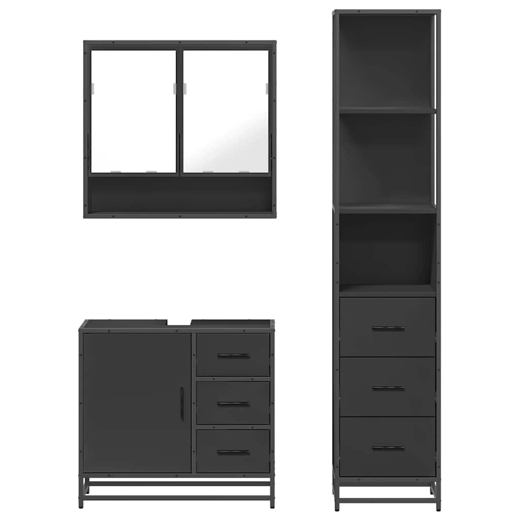 3 Piece Bathroom Furniture Set Black Engineered Wood