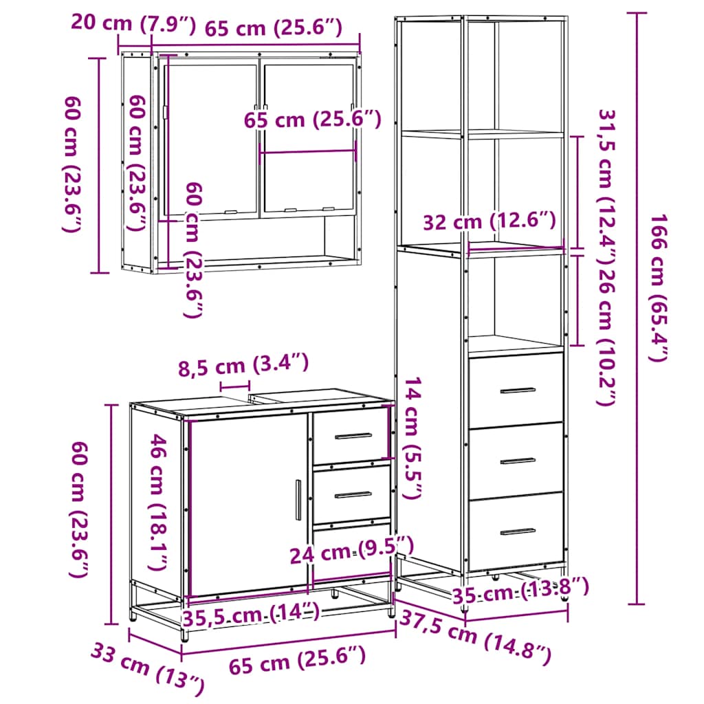 3 Piece Bathroom Furniture Set Sonoma Oak Engineered Wood