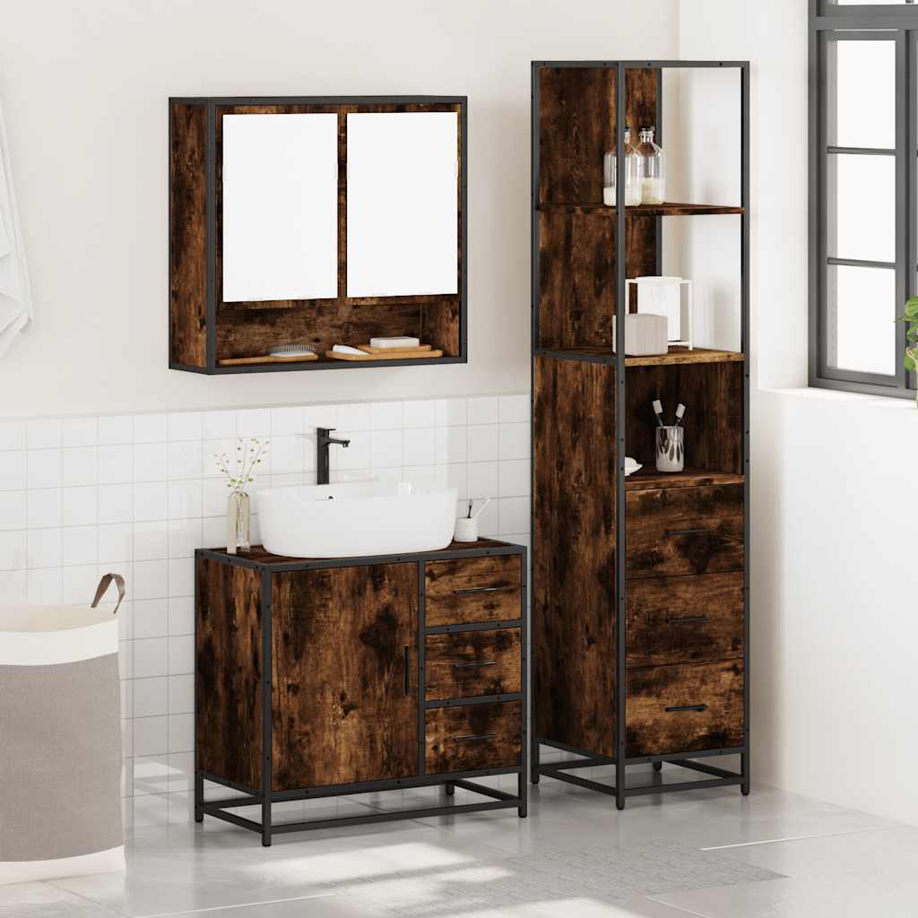 3 Piece Bathroom Furniture Set Smoked Oak Engineered Wood