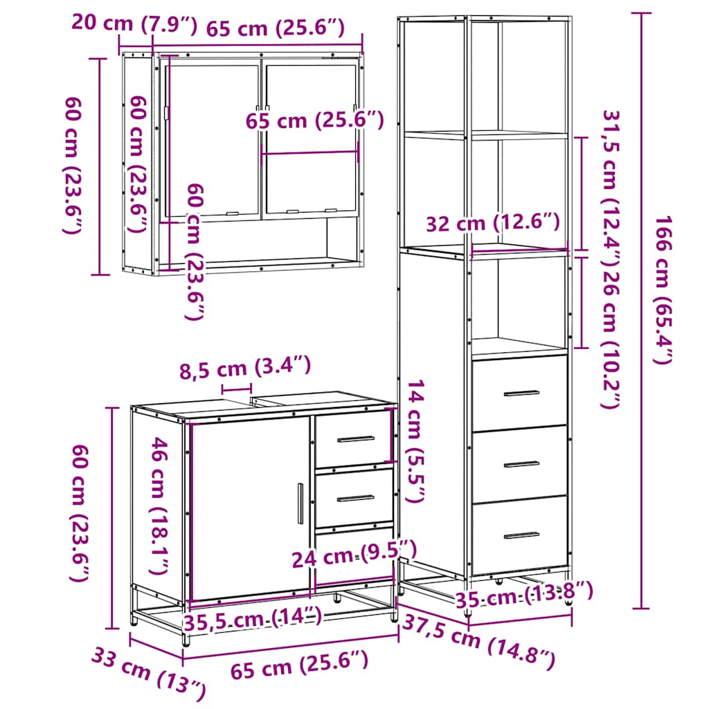 3 Piece Bathroom Furniture Set Smoked Oak Engineered Wood