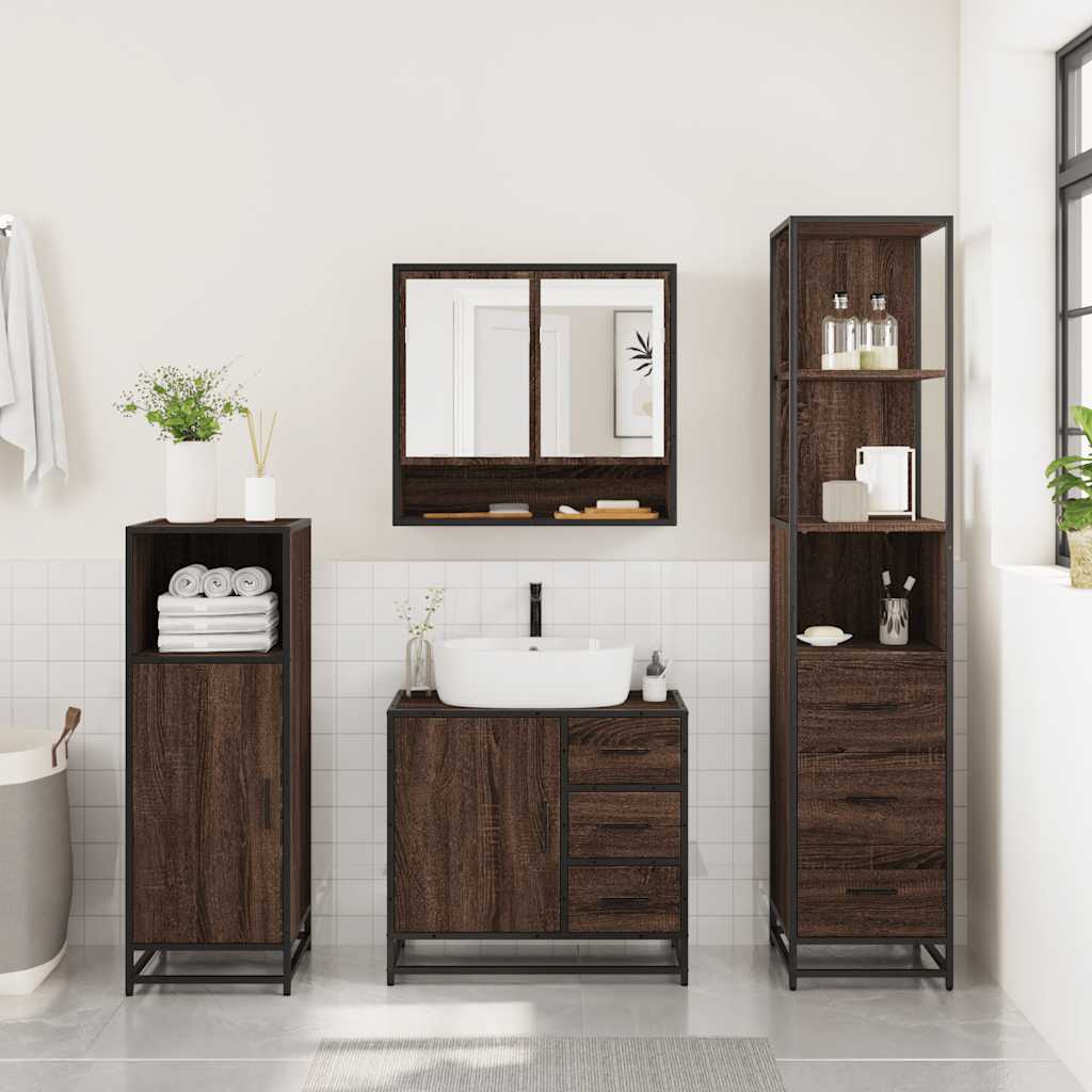 3 Piece Bathroom Furniture Set Brown Oak Engineered Wood