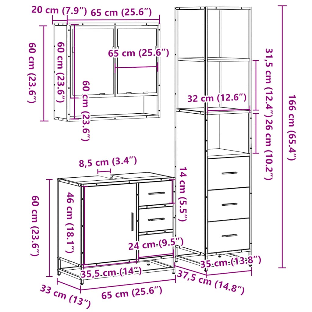 3 Piece Bathroom Furniture Set Brown Oak Engineered Wood