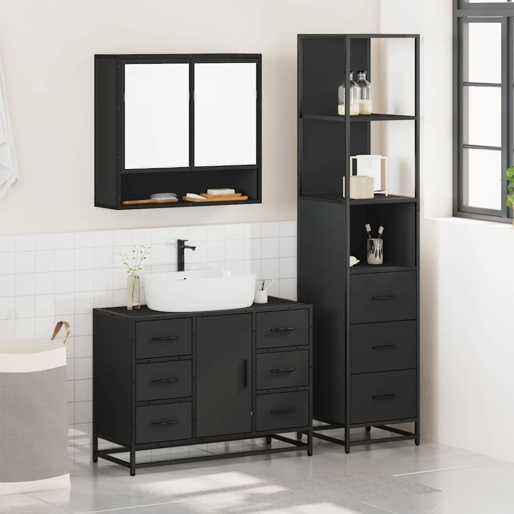 3 Piece Bathroom Furniture Set Black Engineered Wood