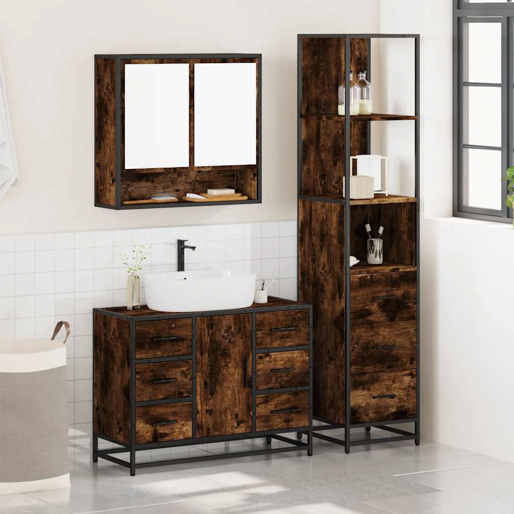 3 Piece Bathroom Furniture Set Smoked Oak Engineered Wood