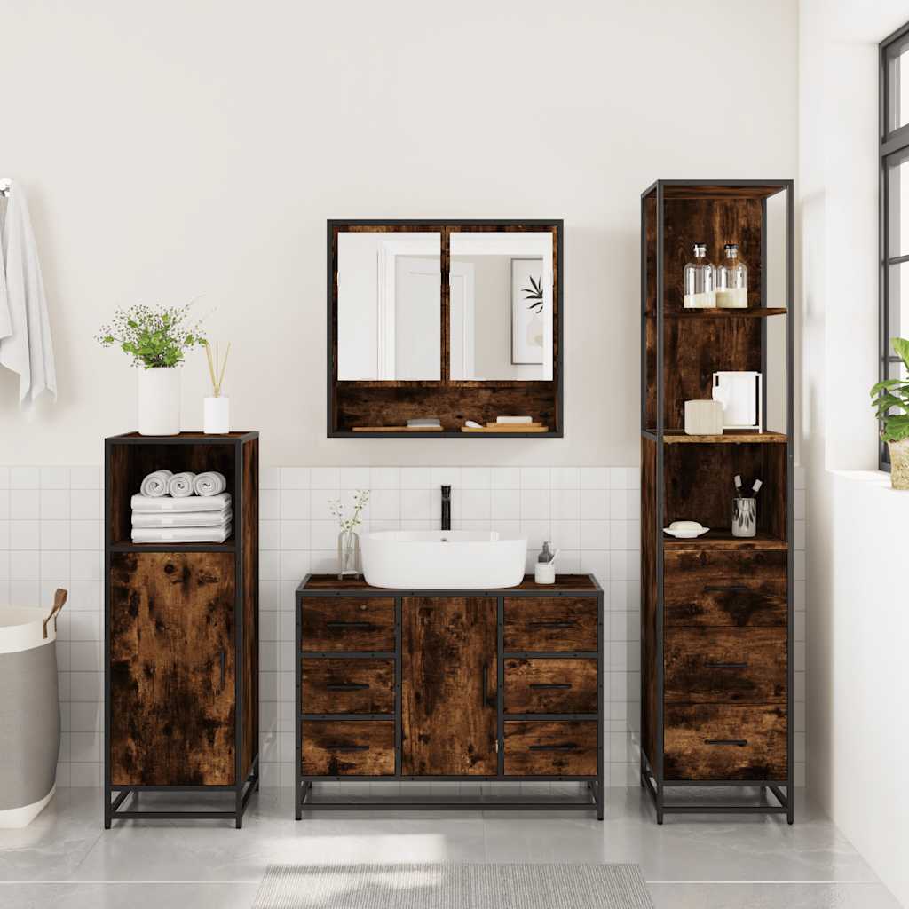 3 Piece Bathroom Furniture Set Smoked Oak Engineered Wood