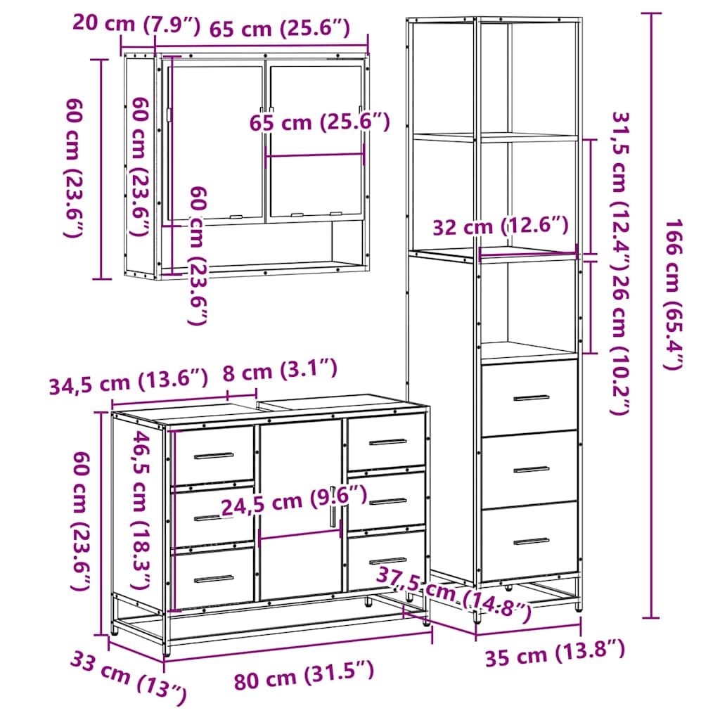 3 Piece Bathroom Furniture Set Smoked Oak Engineered Wood