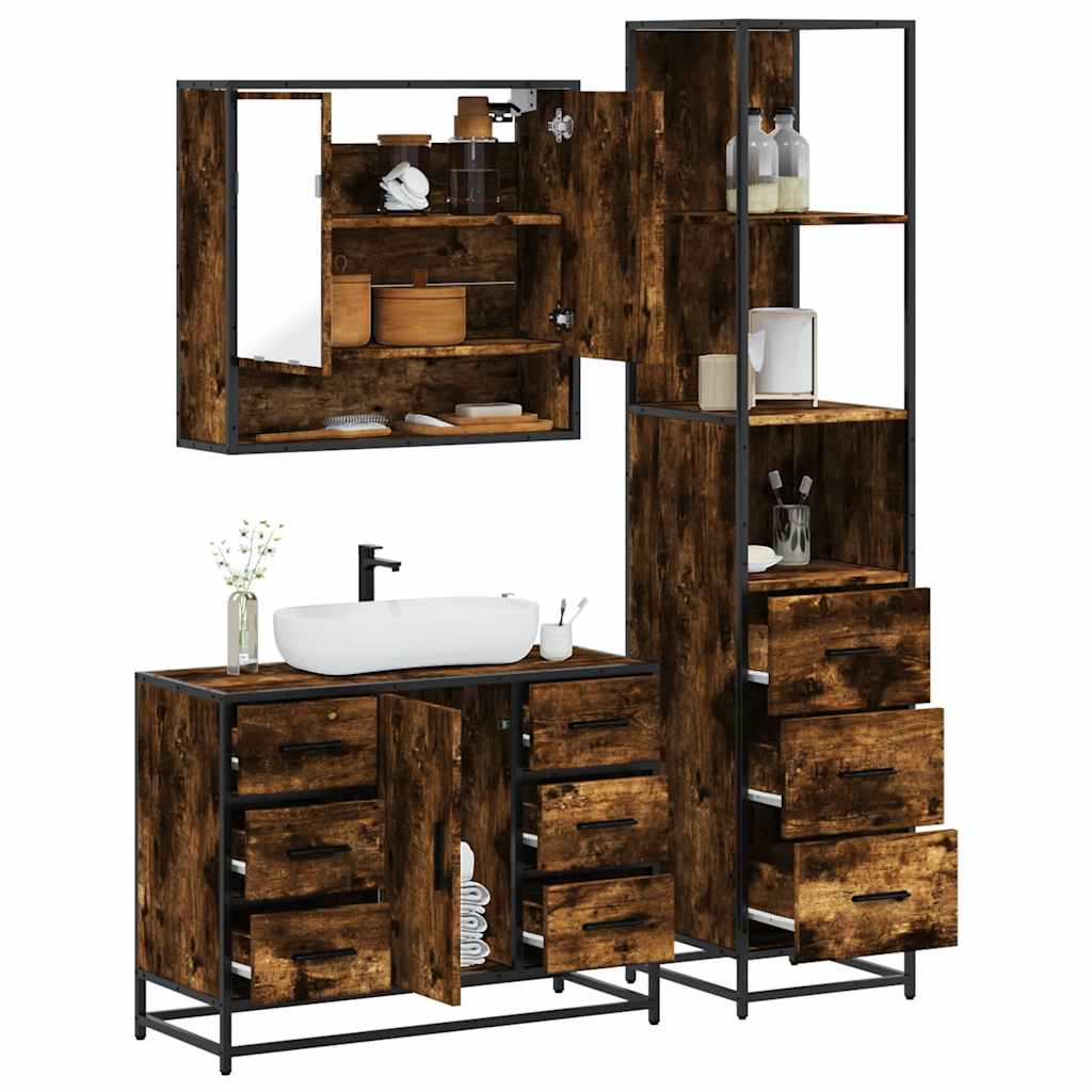 3 Piece Bathroom Furniture Set Smoked Oak Engineered Wood