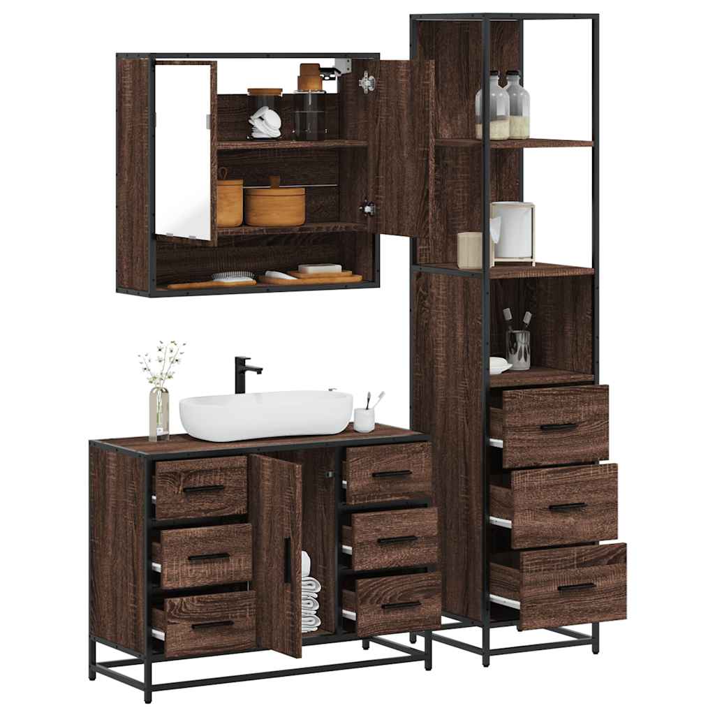 3 Piece Bathroom Furniture Set Brown Oak Engineered Wood