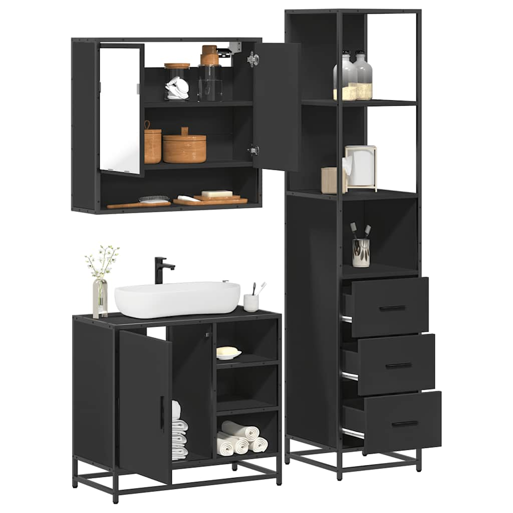 3 Piece Bathroom Furniture Set Black Engineered Wood