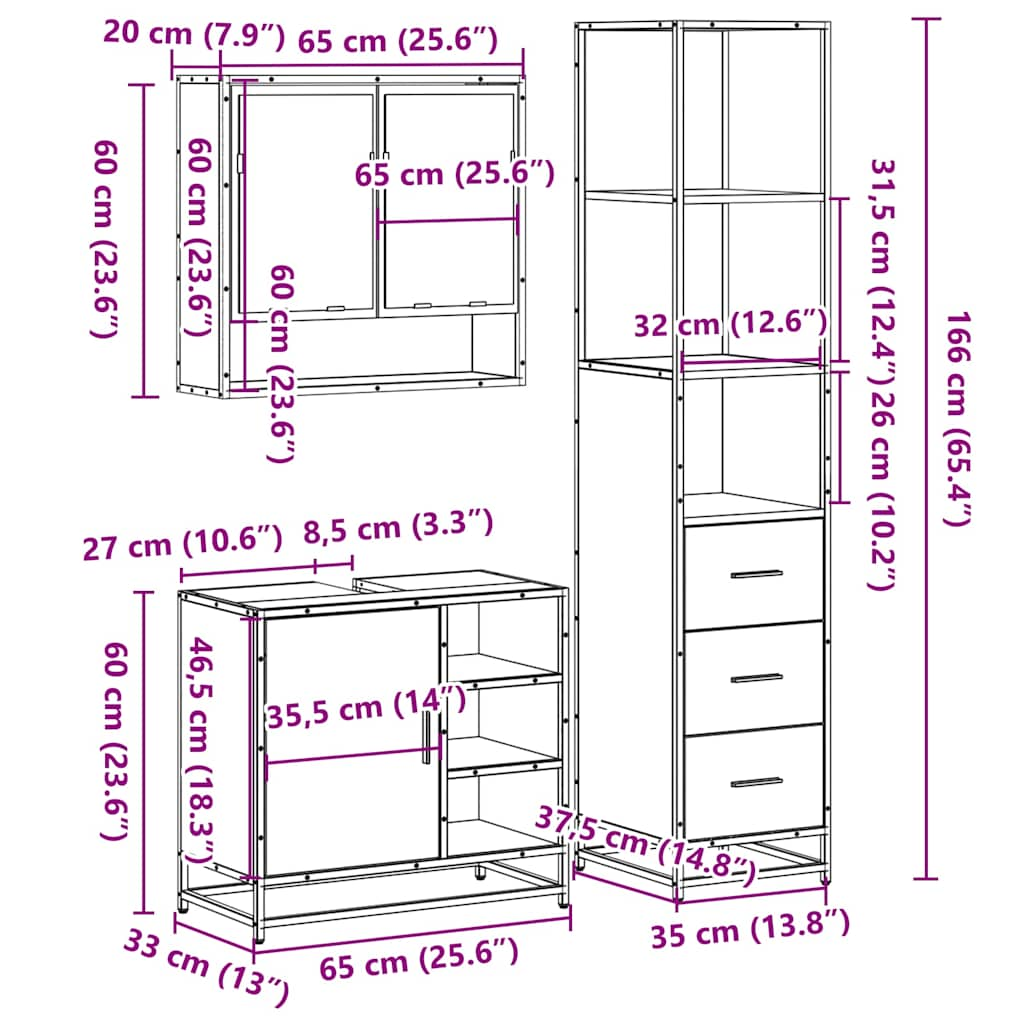 3 Piece Bathroom Furniture Set Sonoma Oak Engineered Wood