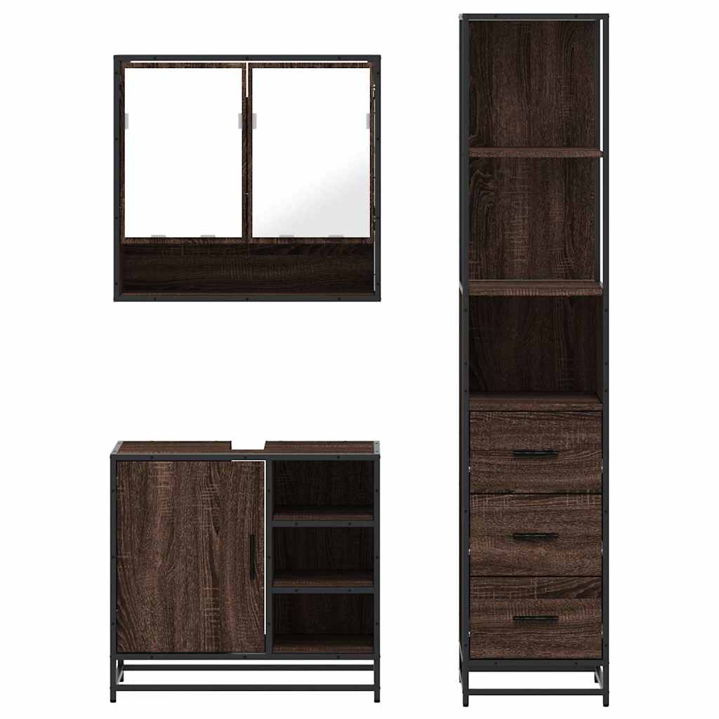 3 Piece Bathroom Furniture Set Brown Oak Engineered Wood