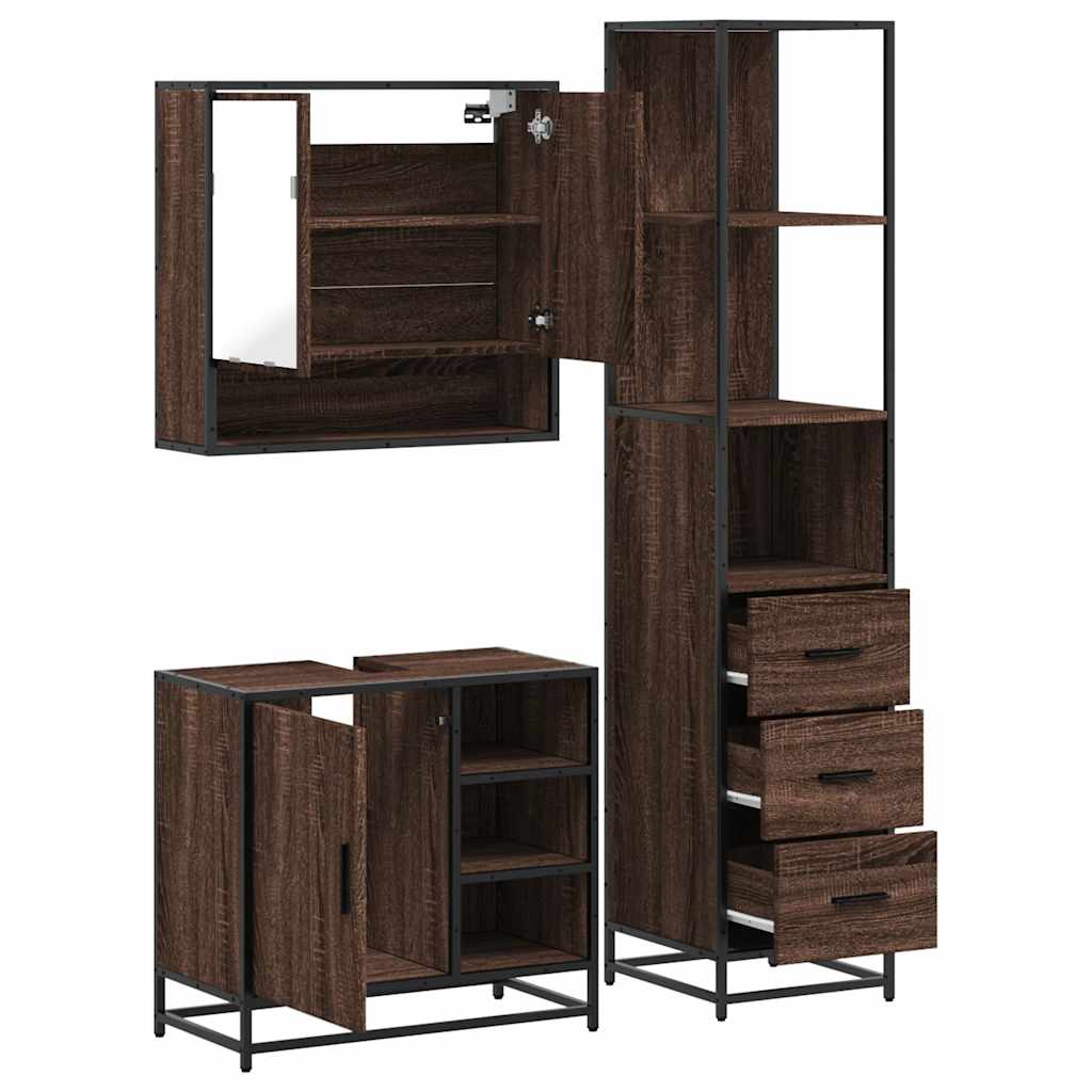 3 Piece Bathroom Furniture Set Brown Oak Engineered Wood