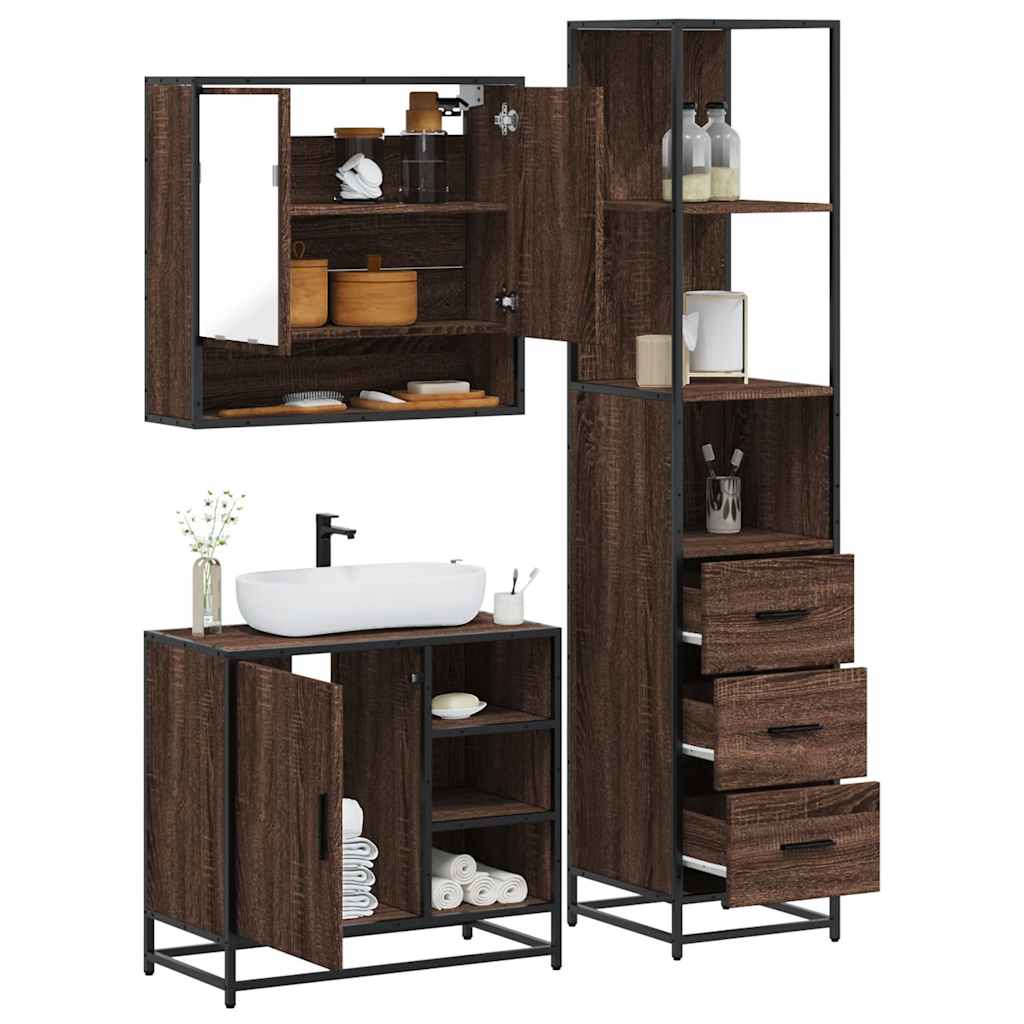 3 Piece Bathroom Furniture Set Brown Oak Engineered Wood