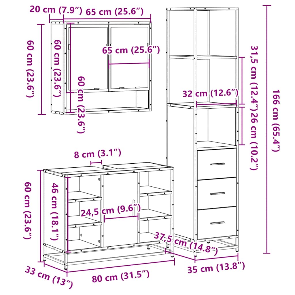 3 Piece Bathroom Furniture Set Grey Sonoma Engineered Wood