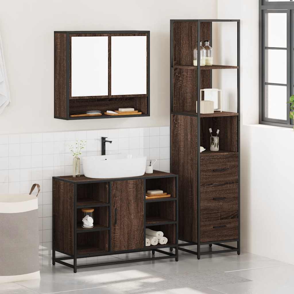 3 Piece Bathroom Furniture Set Brown Oak Engineered Wood