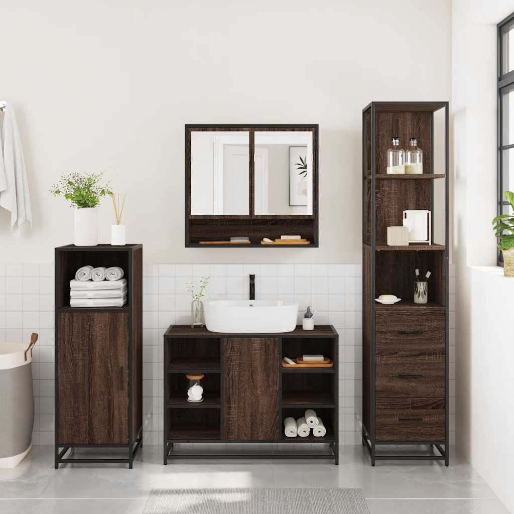 3 Piece Bathroom Furniture Set Brown Oak Engineered Wood