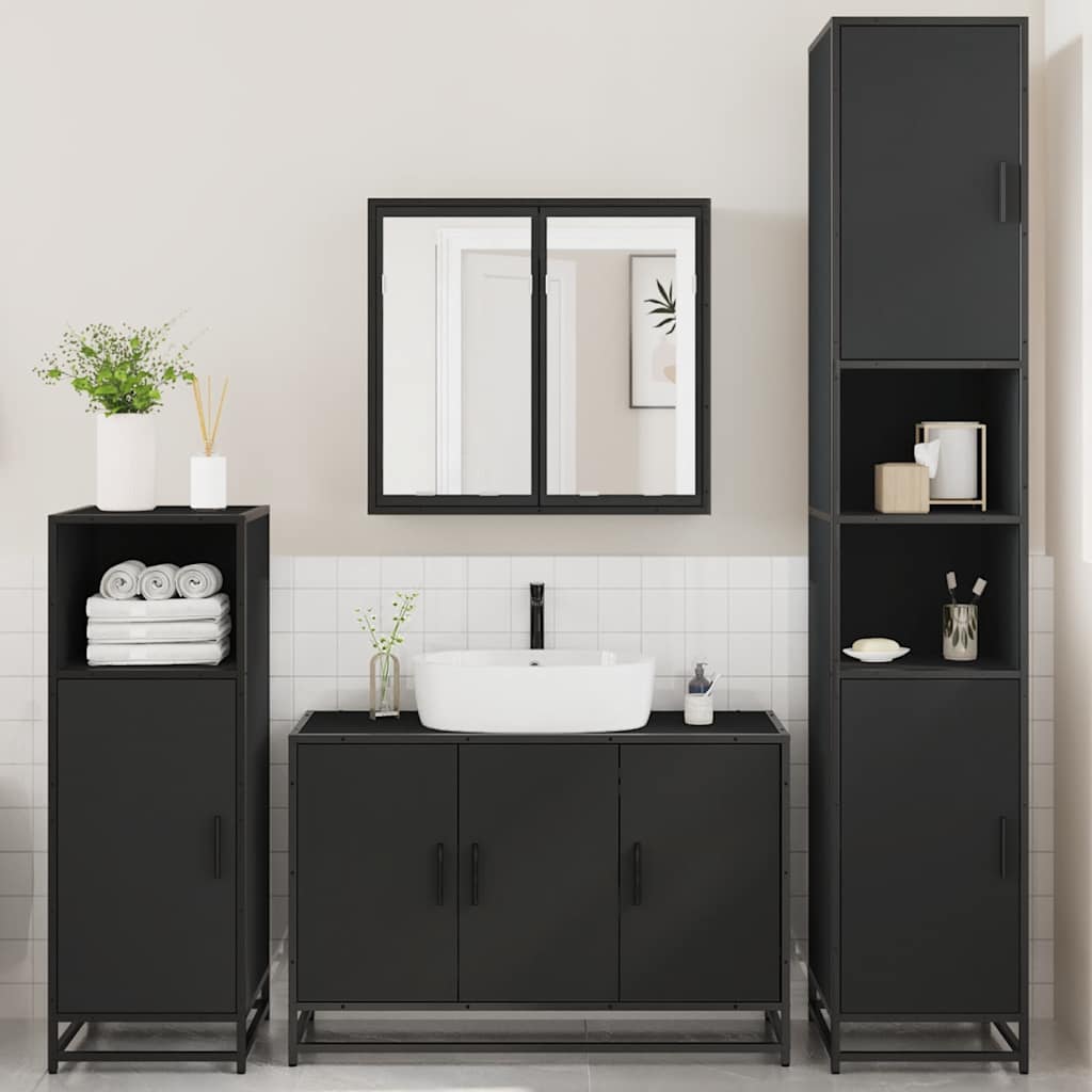 4 Piece Bathroom Furniture Set Black Engineered Wood