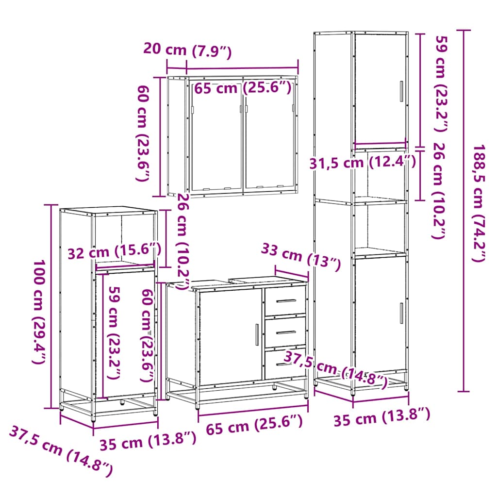 4 Piece Bathroom Furniture Set Sonoma Oak Engineered Wood