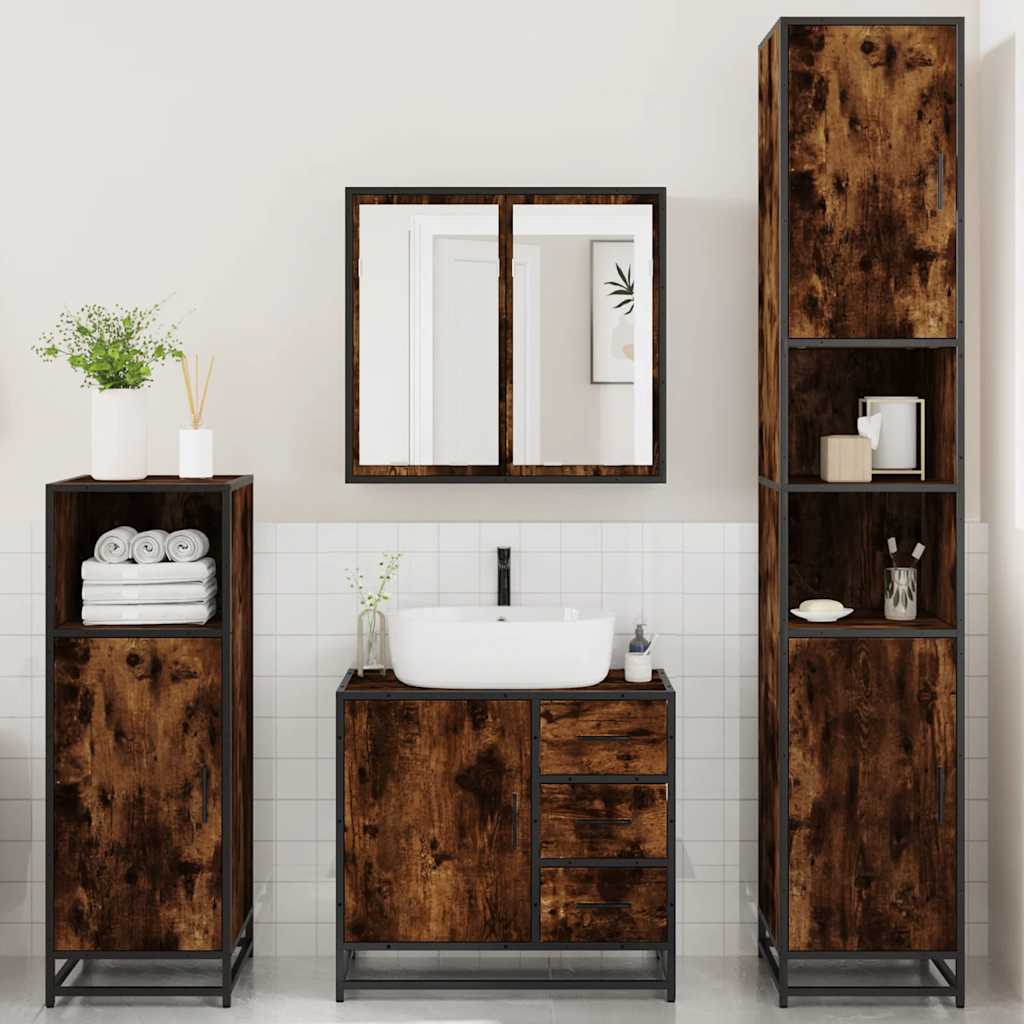 4 Piece Bathroom Furniture Set Smoked Oak Engineered Wood