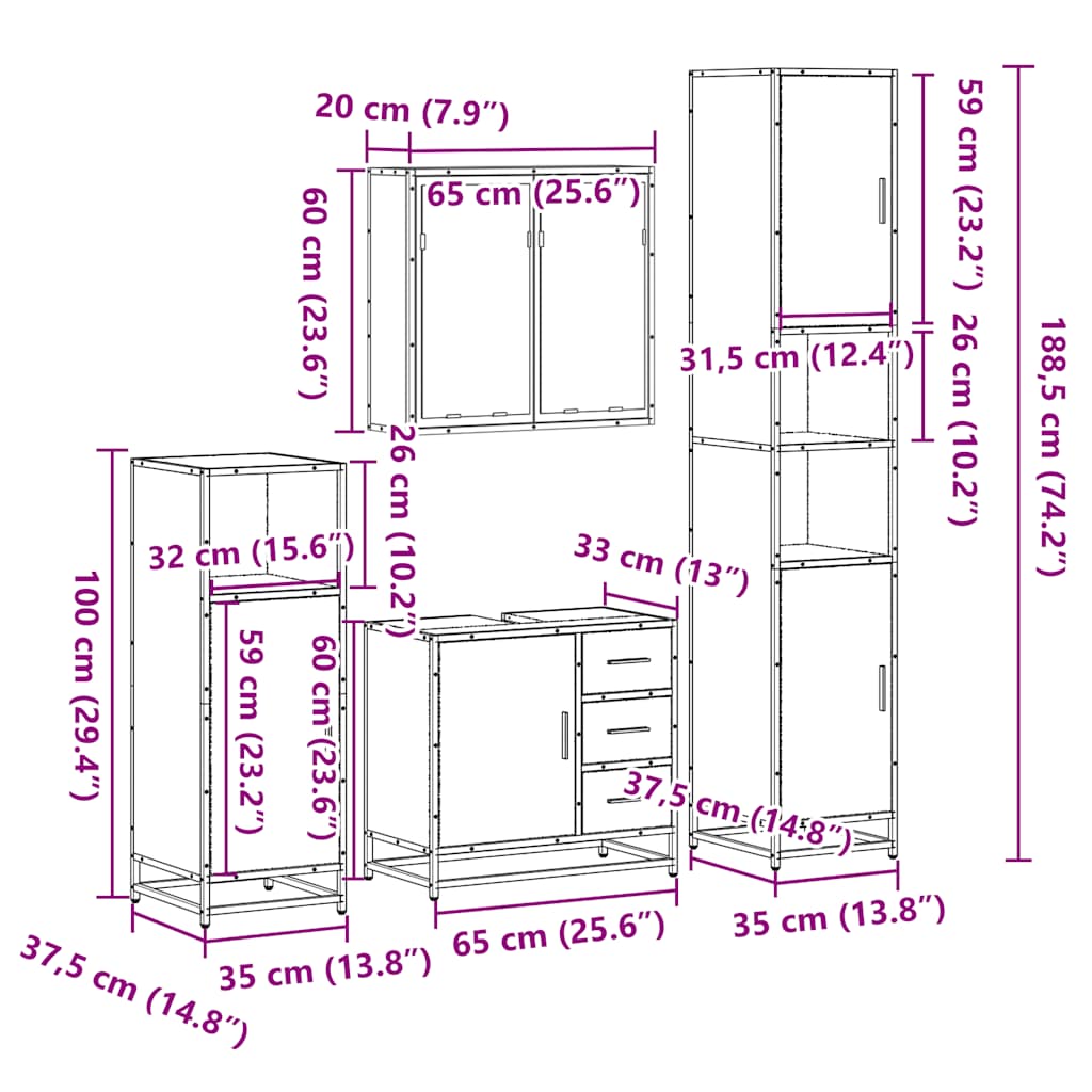 4 Piece Bathroom Furniture Set Smoked Oak Engineered Wood