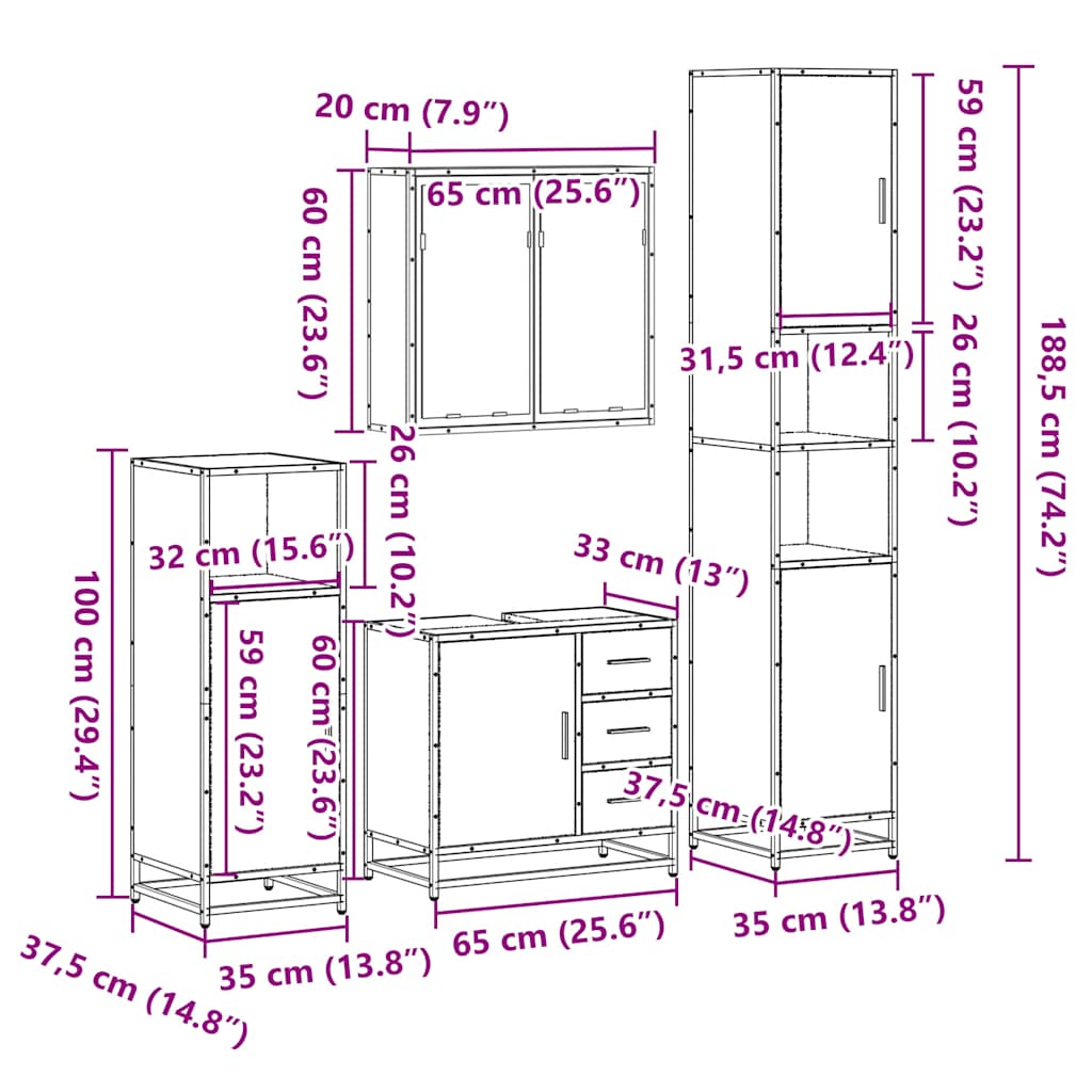 4 Piece Bathroom Furniture Set Grey Sonoma Engineered Wood