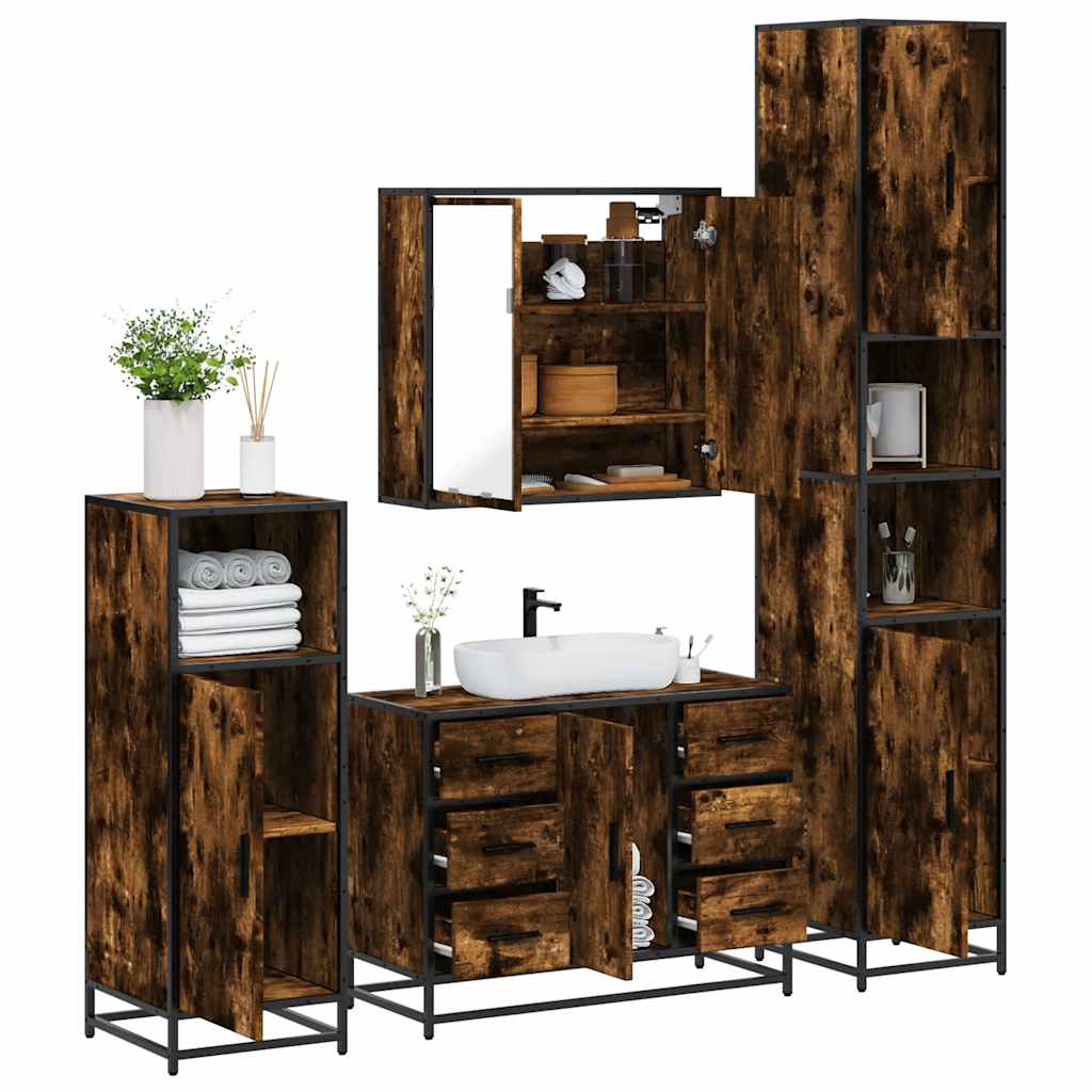 4 Piece Bathroom Furniture Set Smoked Oak Engineered Wood