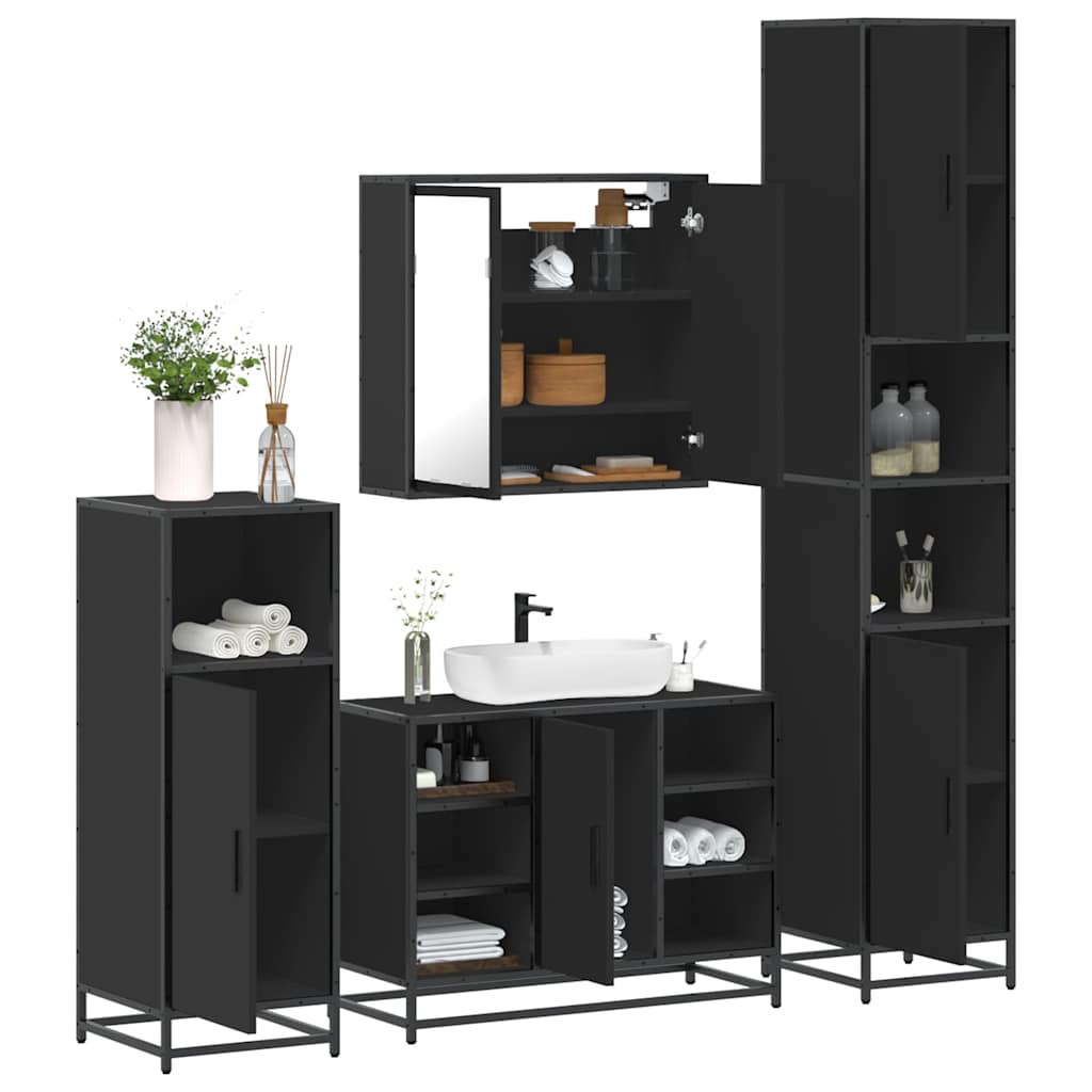 4 Piece Bathroom Furniture Set Black Engineered Wood