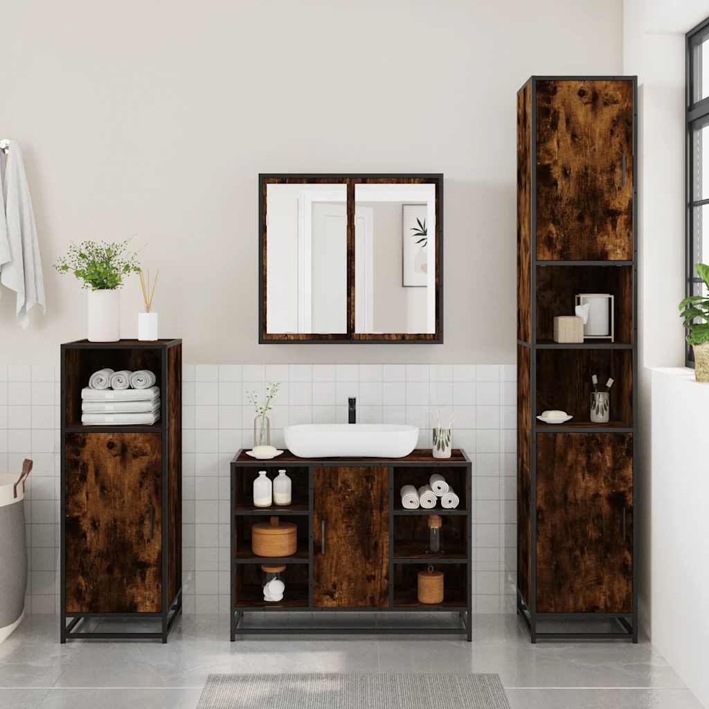 4 Piece Bathroom Furniture Set Smoked Oak Engineered Wood