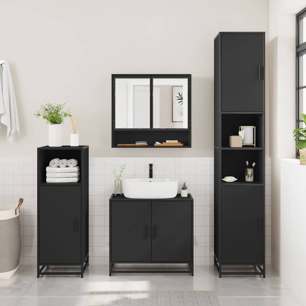 4 Piece Bathroom Furniture Set Black Engineered Wood